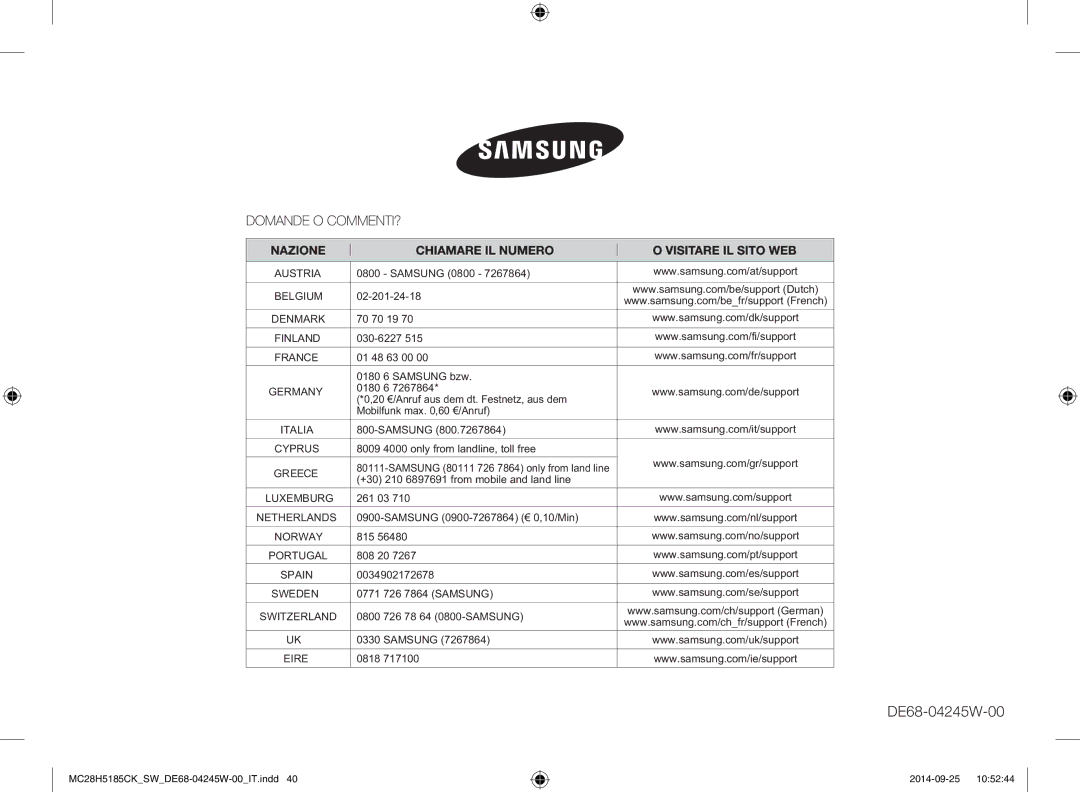 Samsung MC28H5185CK/SW manual DE68-04245W-00 