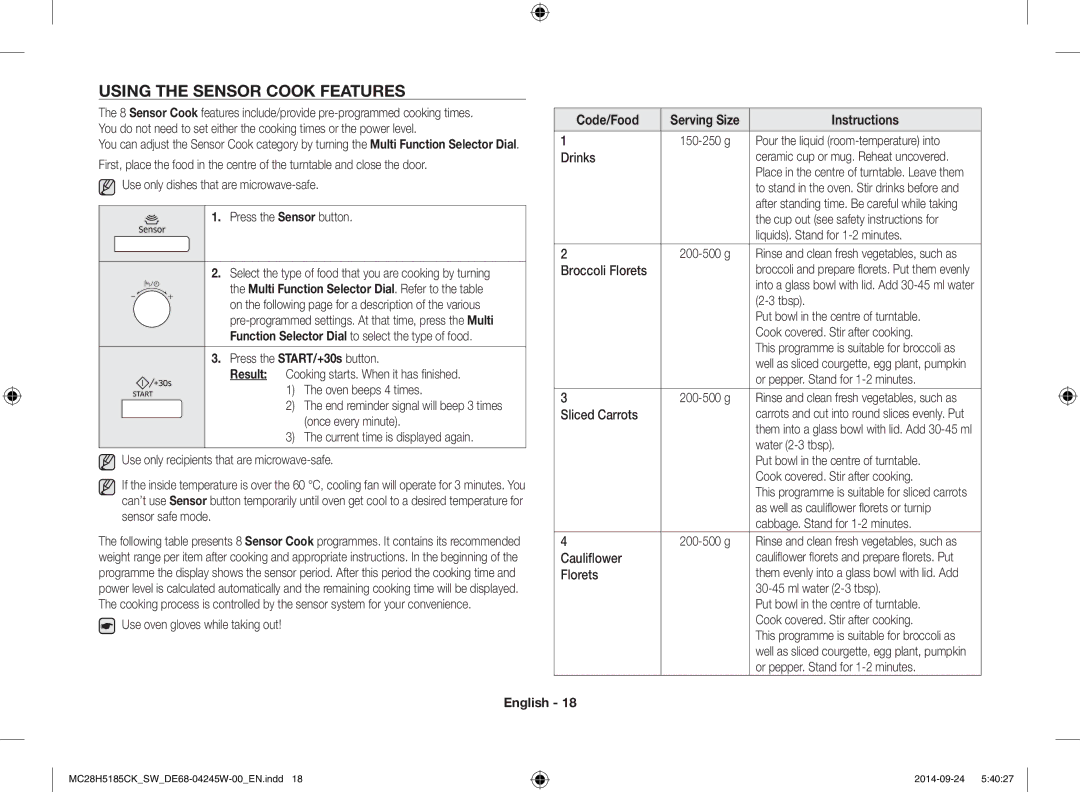 Samsung MC28H5185CK/SW manual Using the Sensor Cook Features 