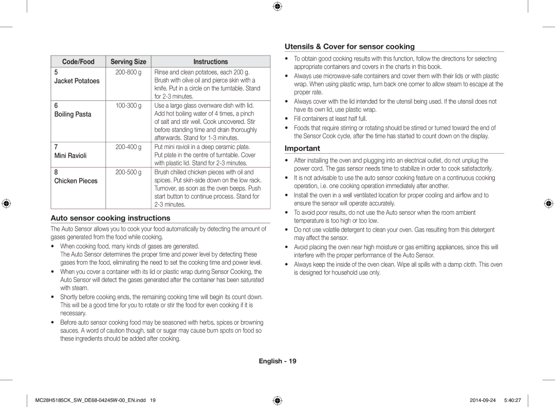 Samsung MC28H5185CK/SW manual Auto sensor cooking instructions, Utensils & Cover for sensor cooking 