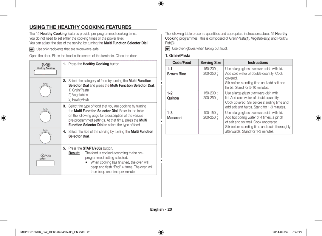 Samsung MC28H5185CK/SW manual Using the Healthy Cooking Features, Grain/Pasta, Press the Healthy Cooking button 