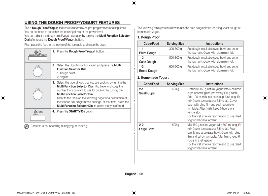 Samsung MC28H5185CK/SW manual Using the Dough PROOF/YOGURT Features, Dough Proof, Homemade Yogurt 