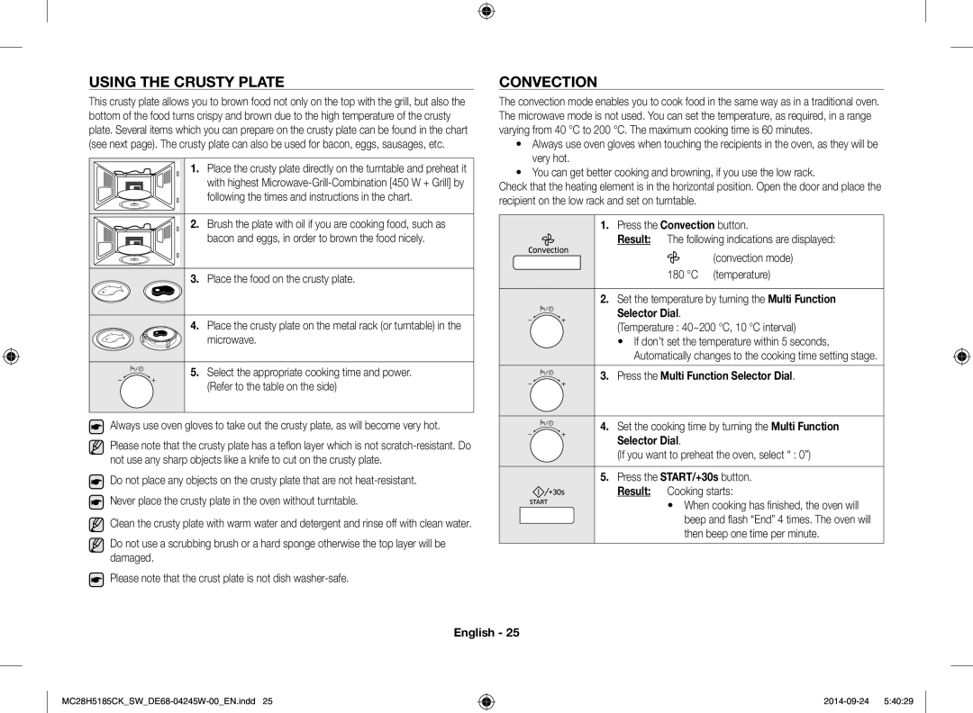 Samsung MC28H5185CK/SW manual Using the Crusty Plate, Convection, Temperature 40~200 C, 10 C interval 