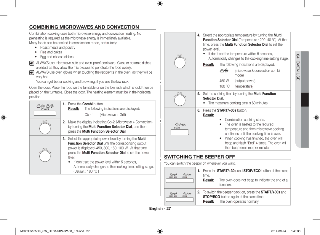 Samsung MC28H5185CK/SW manual Combining Microwaves and Convection, Switching the Beeper OFF 