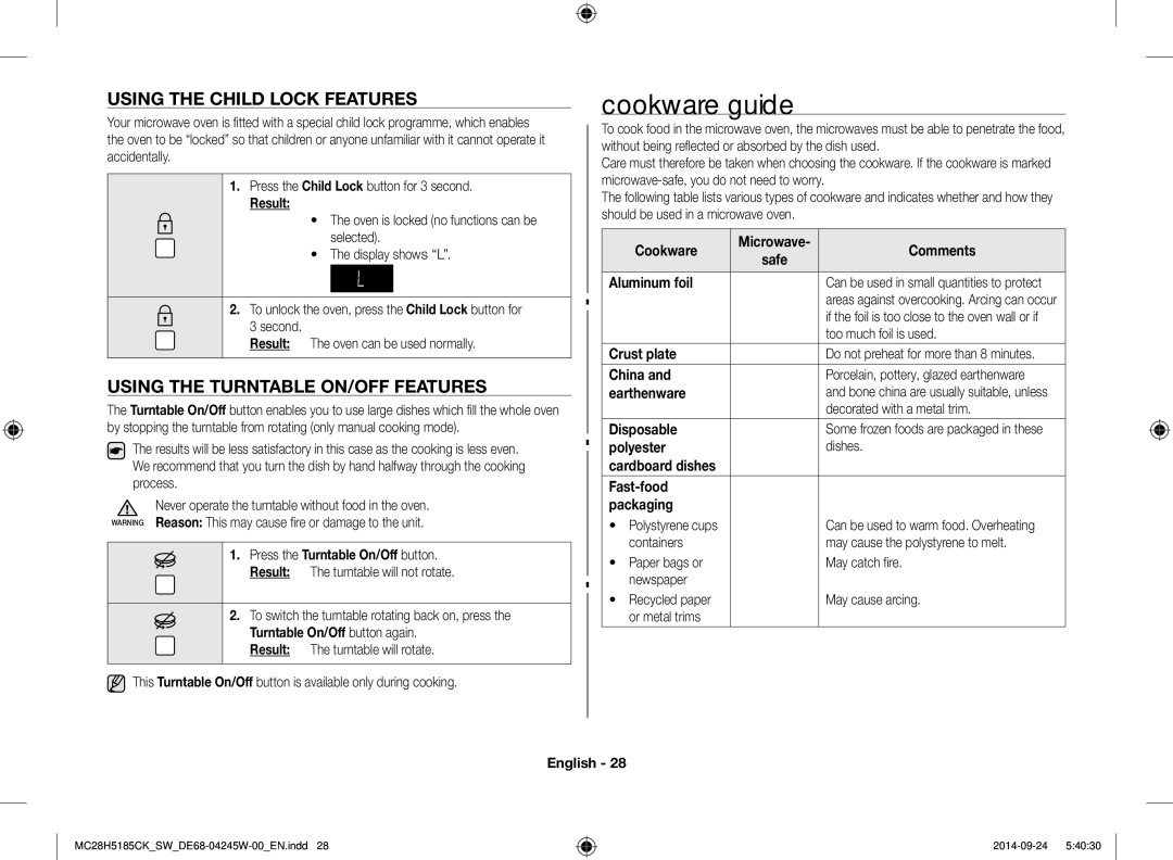 Samsung MC28H5185CK/SW manual Cookware guide, Using the Child Lock Features, Using the Turntable ON/OFF Features 