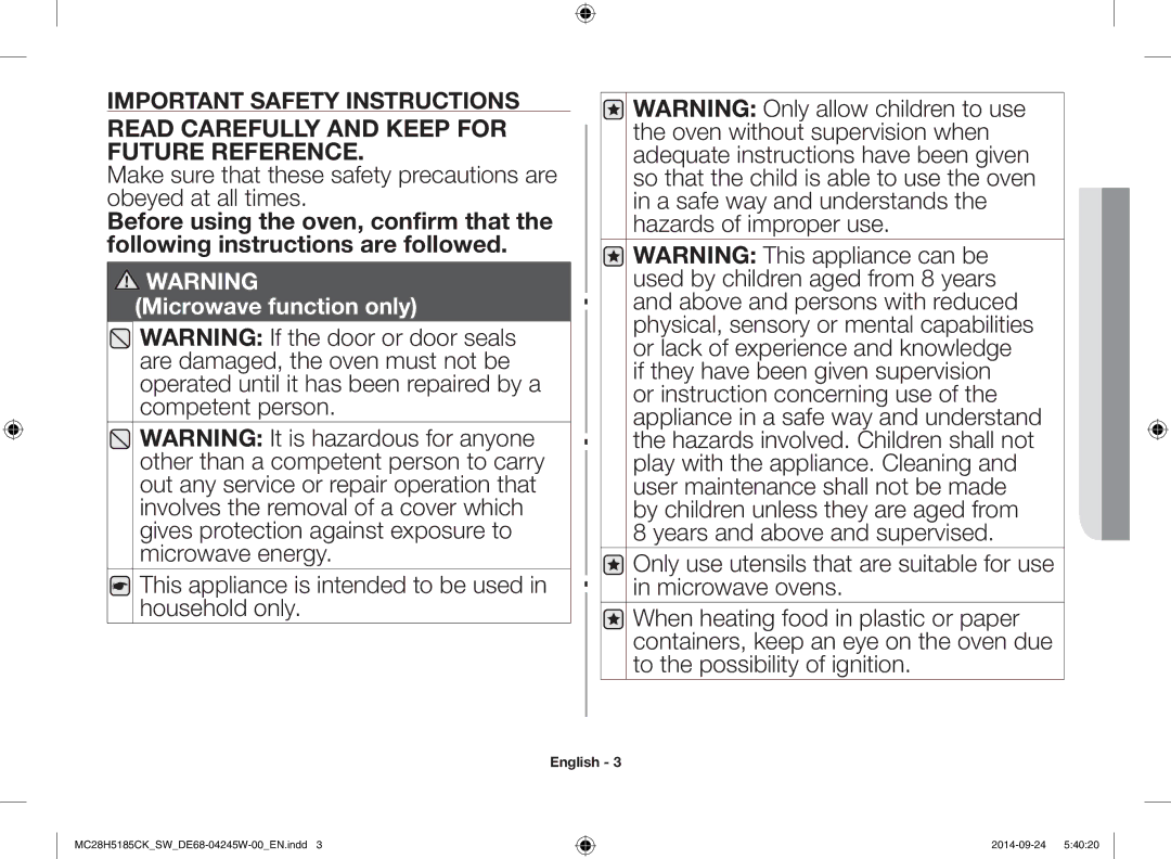 Samsung MC28H5185CK/SW manual Read Carefully and Keep for Future Reference, 01SAFETY Information 
