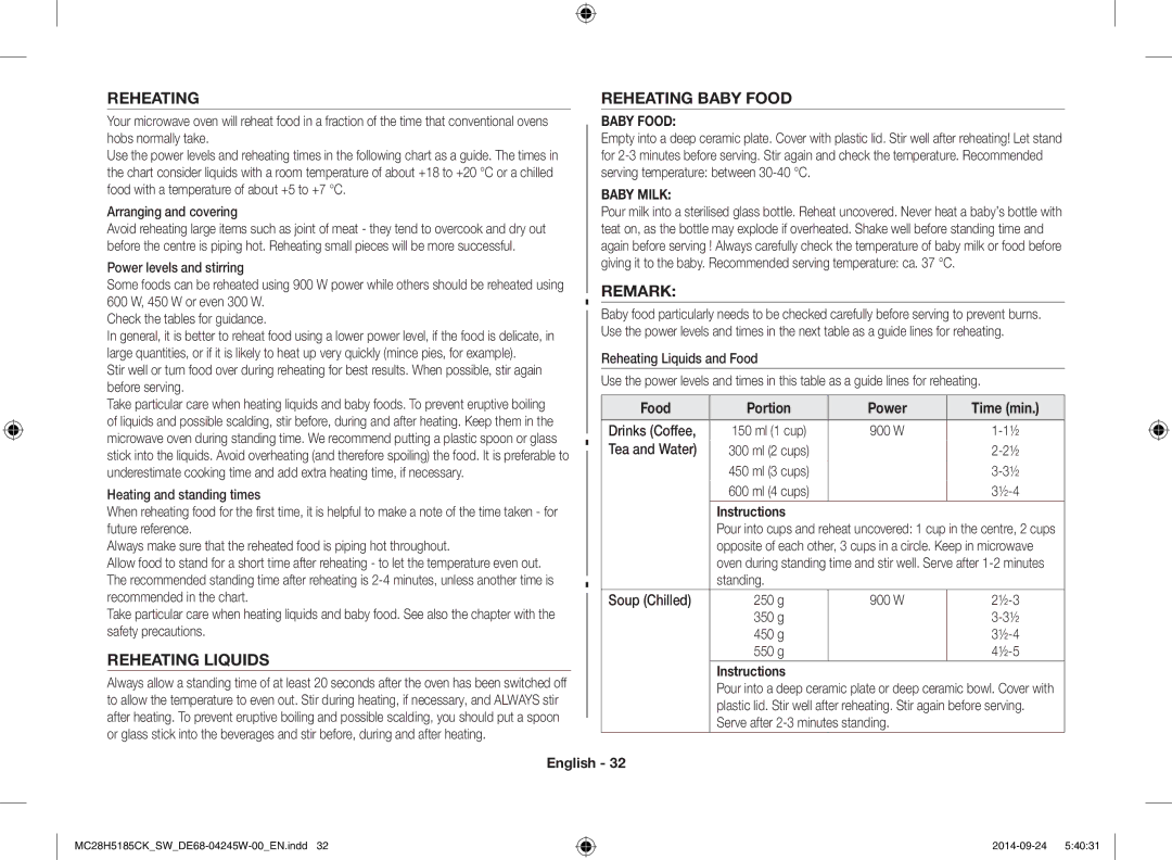 Samsung MC28H5185CK/SW manual Reheating Reheating Baby Food, Remark, Reheating Liquids 