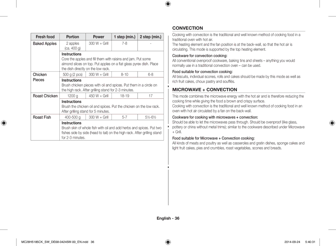 Samsung MC28H5185CK/SW manual Microwave + Convection, Baked Apples, Pieces, Cookware for convection cooking 