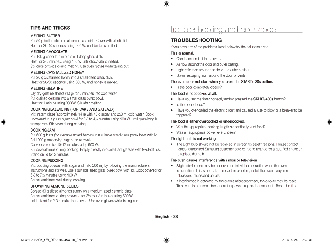 Samsung MC28H5185CK/SW manual Troubleshooting and error code, Tips and Tricks 