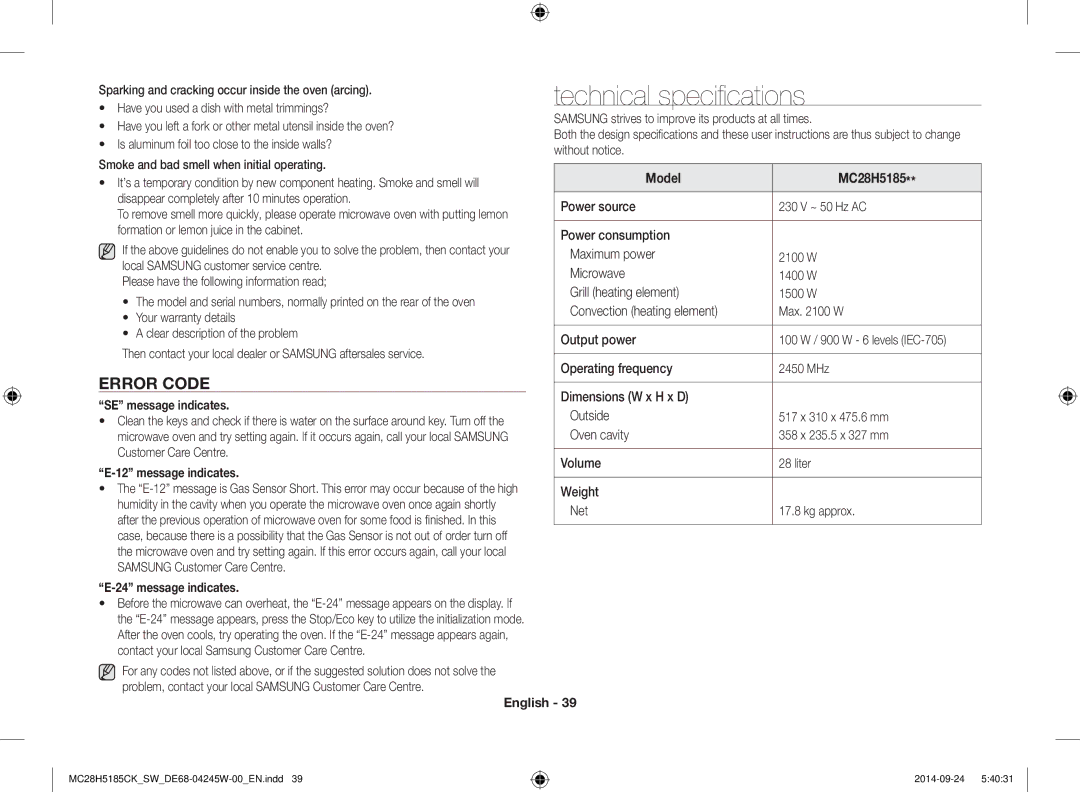 Samsung MC28H5185CK/SW Technical specifications, Error Code, SE message indicates, Message indicates, Model MC28H5185 