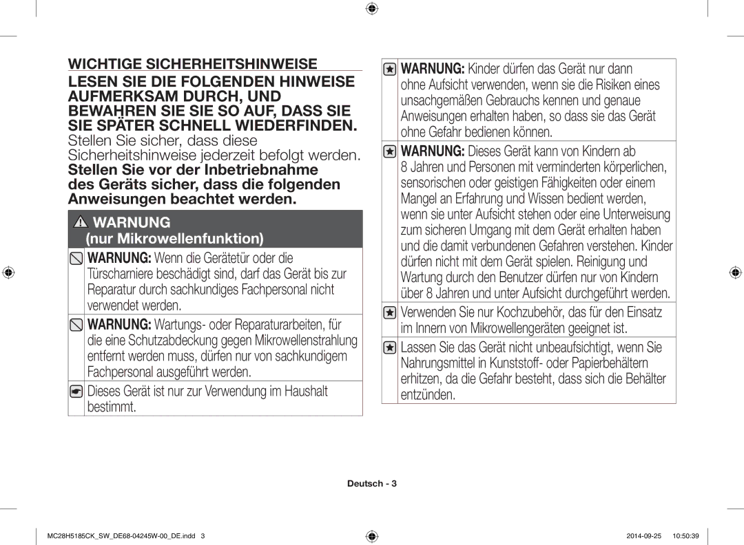 Samsung MC28H5185CK/SW manual Dieses Gerät ist nur zur Verwendung im Haushalt bestimmt, 01SICHERHEITSINFORMATIONEN 