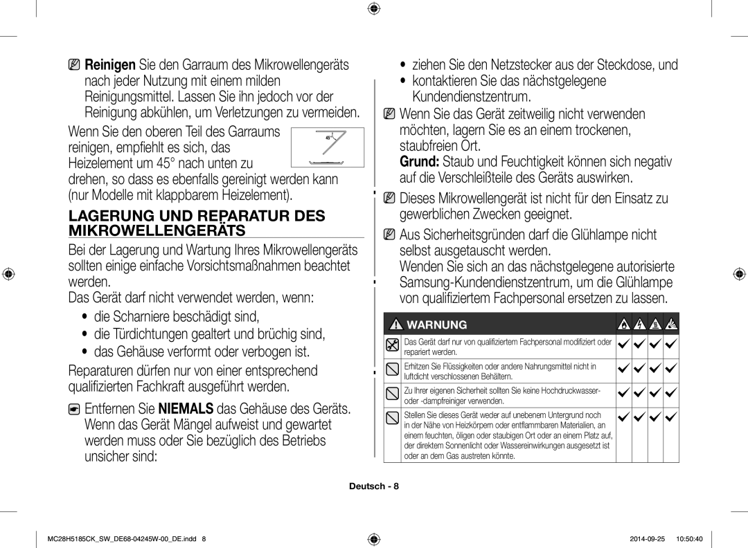 Samsung MC28H5185CK/SW manual Lagerung UND Reparatur DES, Mikrowellengeräts 