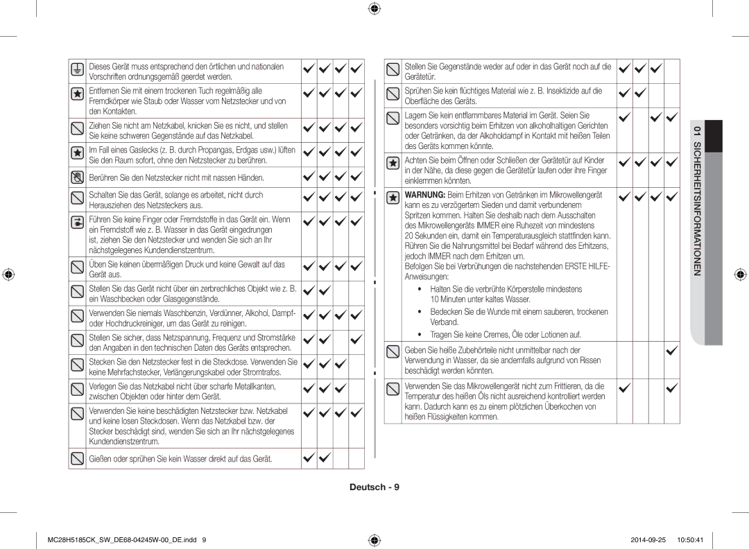 Samsung MC28H5185CK/SW Herausziehen des Netzsteckers aus, Material wie z. B. Insektizide auf die, Oberfläche des Geräts 