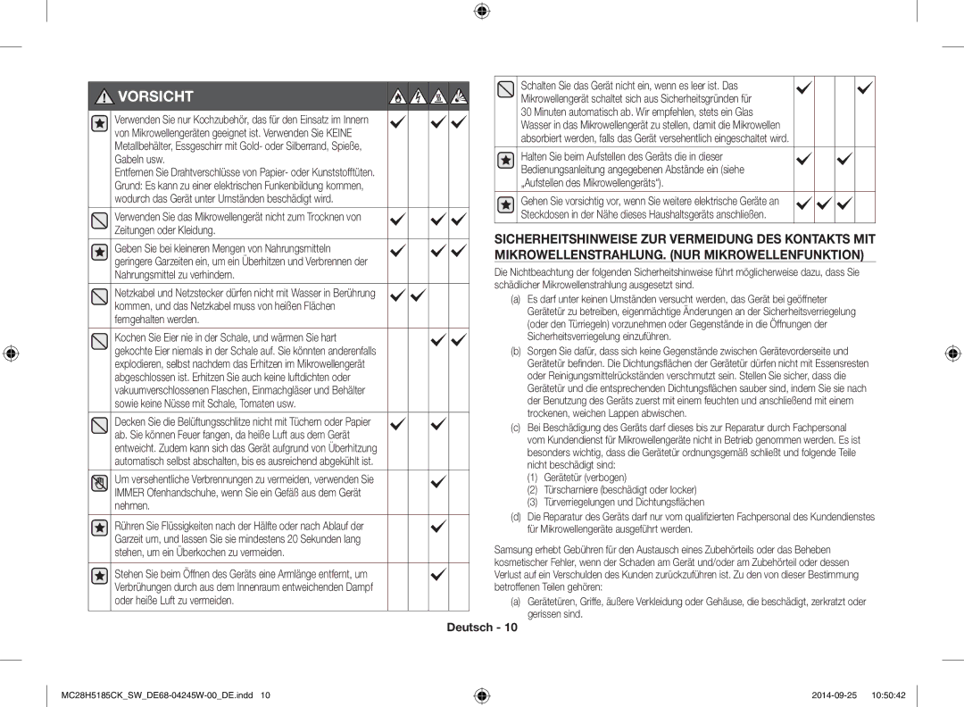 Samsung MC28H5185CK/SW manual Vorsicht, Für Mikrowellengeräte ausgeführt werden 