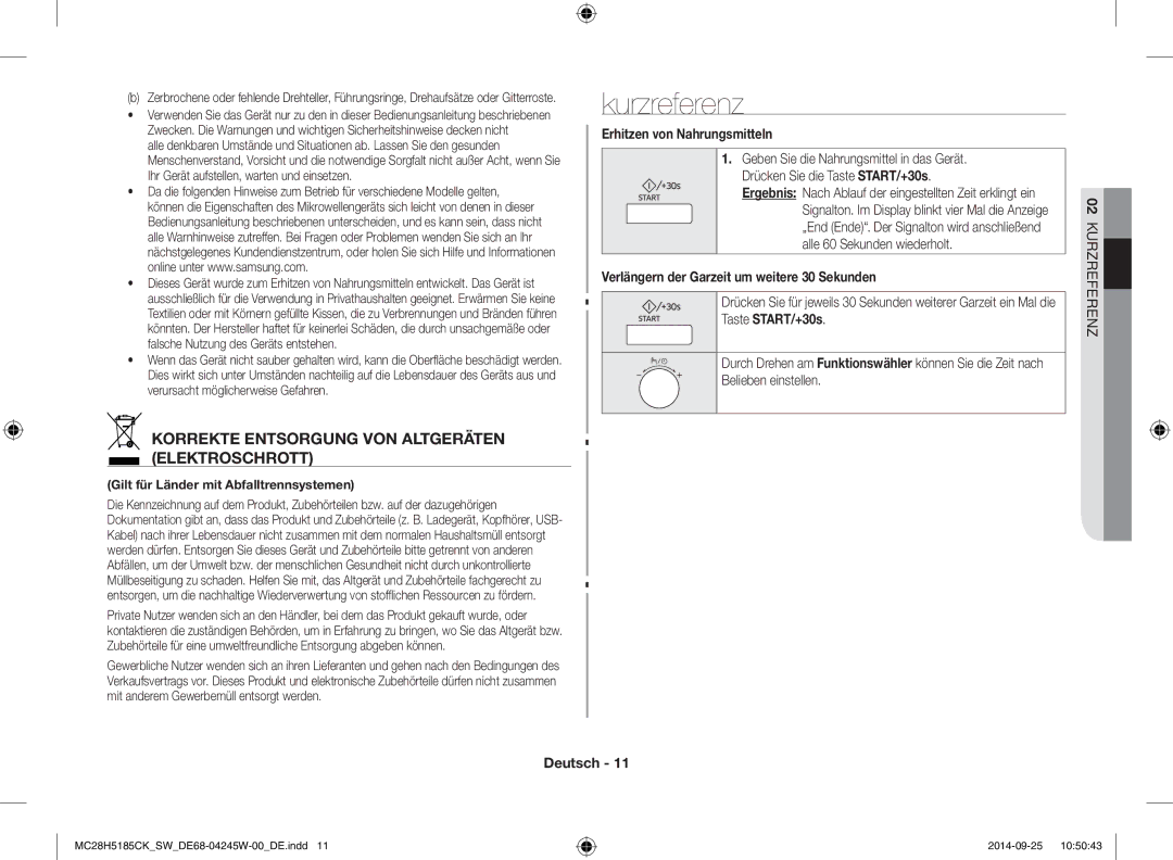 Samsung MC28H5185CK/SW manual Kurzreferenz, Korrekte Entsorgung VON Altgeräten Elektroschrott, Erhitzen von Nahrungsmitteln 