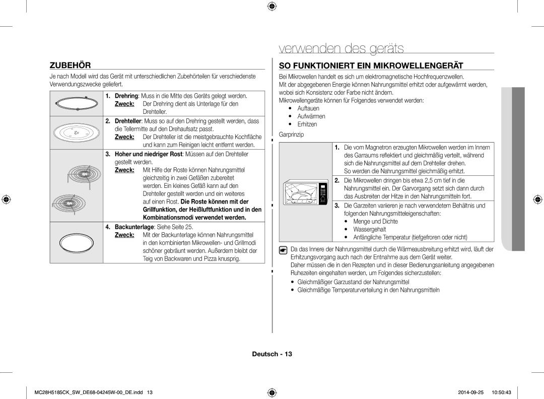 Samsung MC28H5185CK/SW manual Verwenden des geräts, Zubehör, SO Funktioniert EIN Mikrowellengerät, 03FUNKTIONEN DES Geräts 