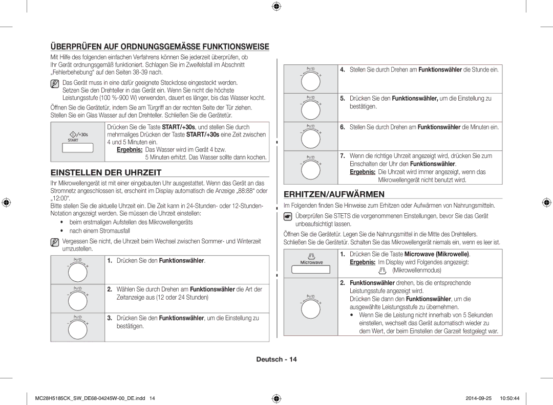 Samsung MC28H5185CK/SW manual Einstellen DER Uhrzeit, Erhitzen/Aufwärmen, Überprüfen AUF Ordnungsgemässe Funktionsweise 