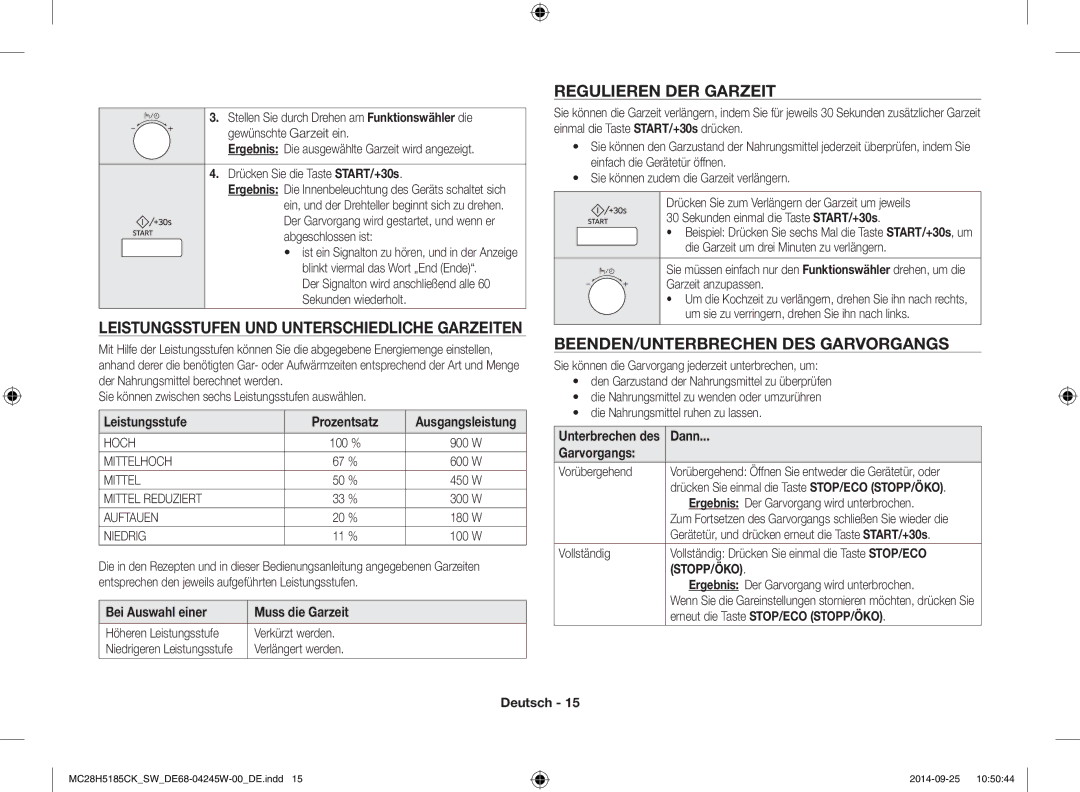 Samsung MC28H5185CK/SW manual Leistungsstufen UND Unterschiedliche Garzeiten, Regulieren DER Garzeit 