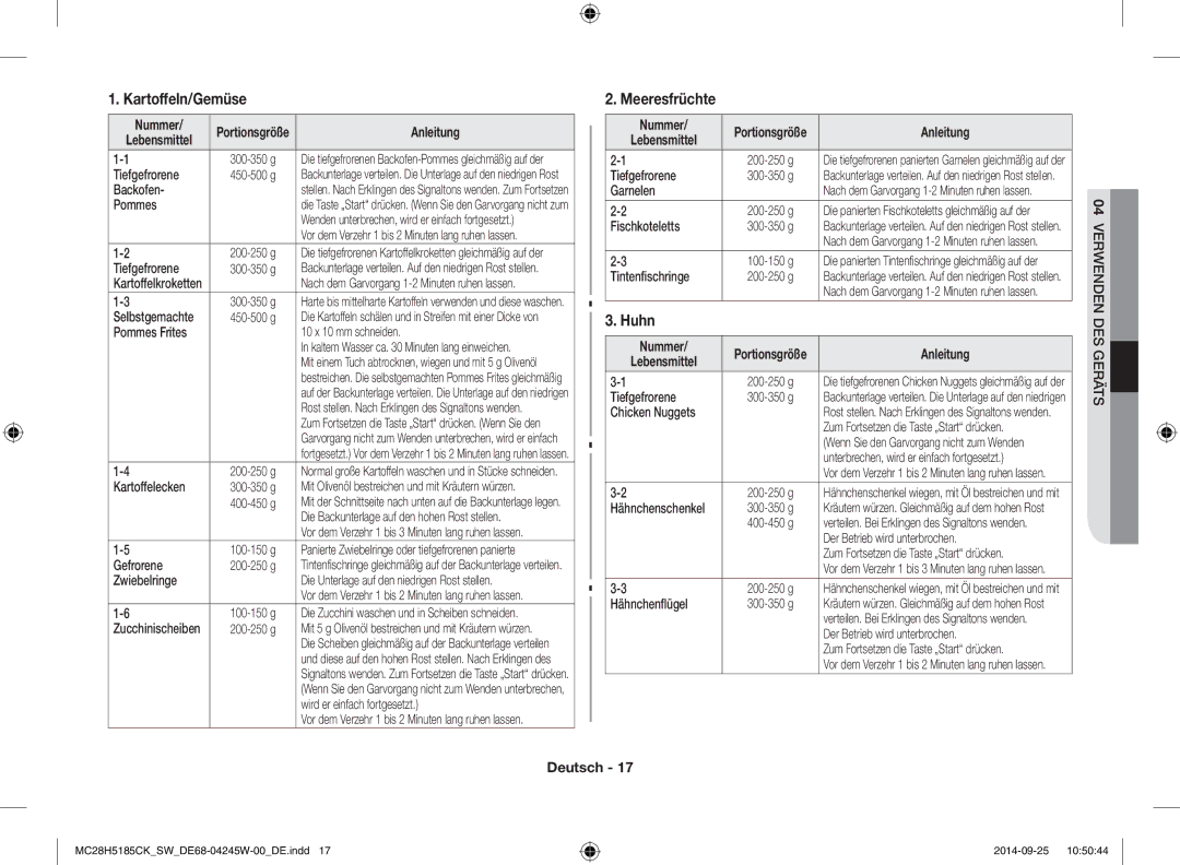 Samsung MC28H5185CK/SW manual Kartoffeln/Gemüse, Meeresfrüchte, Huhn, Nummer, Anleitung 
