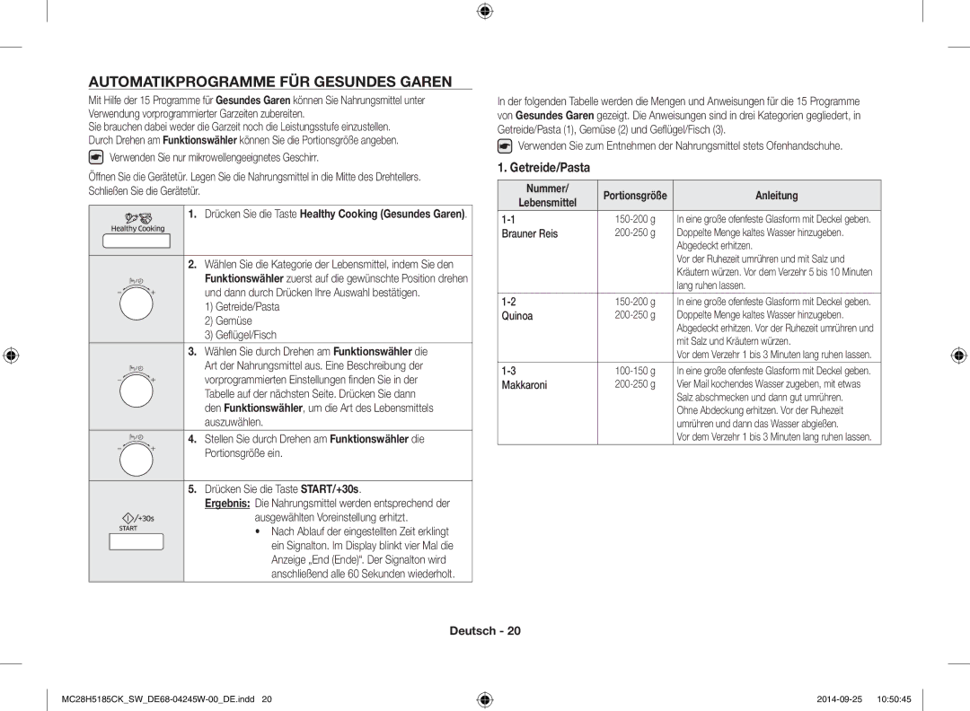 Samsung MC28H5185CK/SW manual Automatikprogramme FÜR Gesundes Garen, Getreide/Pasta, Brauner Reis, Makkaroni 