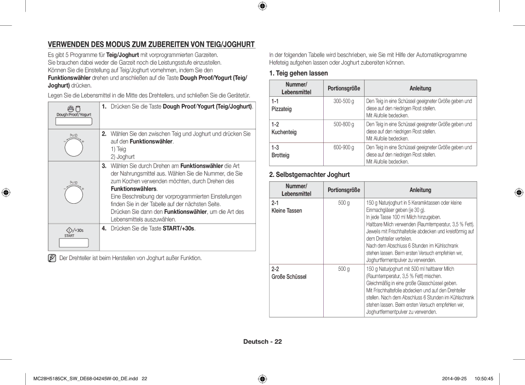 Samsung MC28H5185CK/SW Verwenden DES Modus ZUM Zubereiten VON TEIG/JOGHURT, Teig gehen lassen, Selbstgemachter Joghurt 