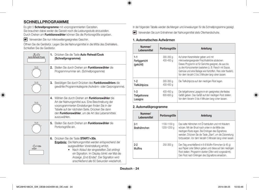 Samsung MC28H5185CK/SW manual Schnellprogramme, Automatisches Aufwärmen, Automatikprogramme 