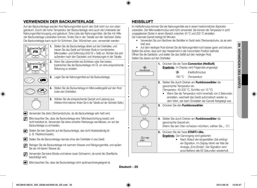 Samsung MC28H5185CK/SW manual Verwenden DER Backunterlage Heissluft, Drücken Sie die Taste Convection Heißluft 