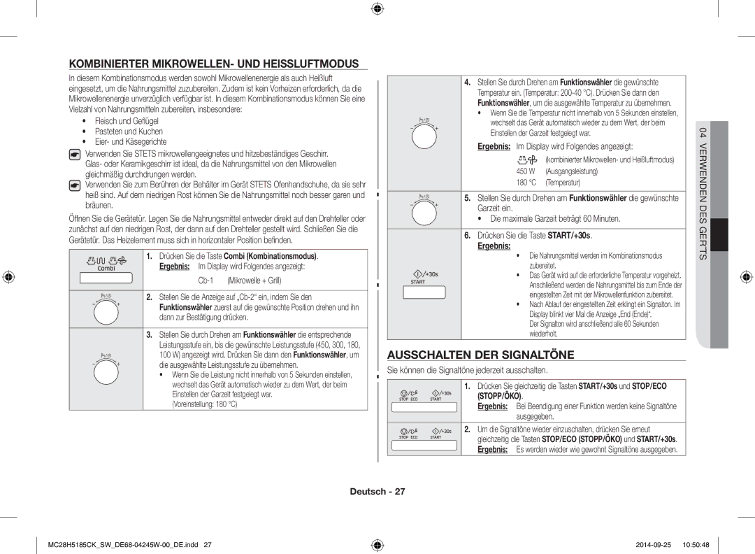 Samsung MC28H5185CK/SW manual Kombinierter MIKROWELLEN- UND Heissluftmodus, Ausschalten DER Signaltöne 