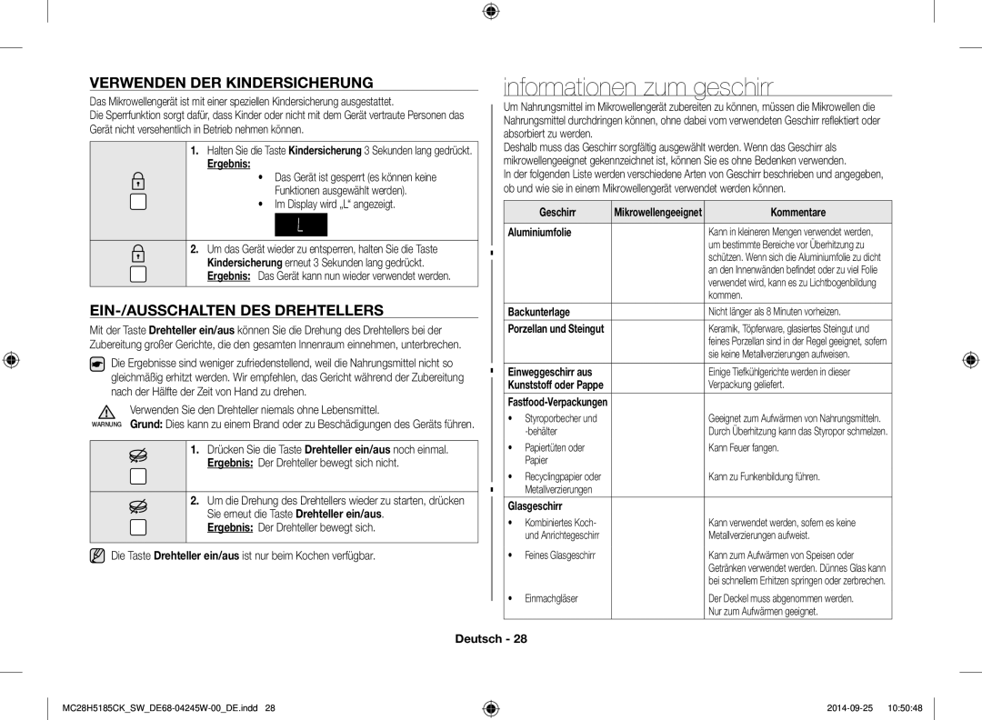 Samsung MC28H5185CK/SW manual Informationen zum geschirr, Verwenden DER Kindersicherung, EIN-/AUSSCHALTEN DES Drehtellers 