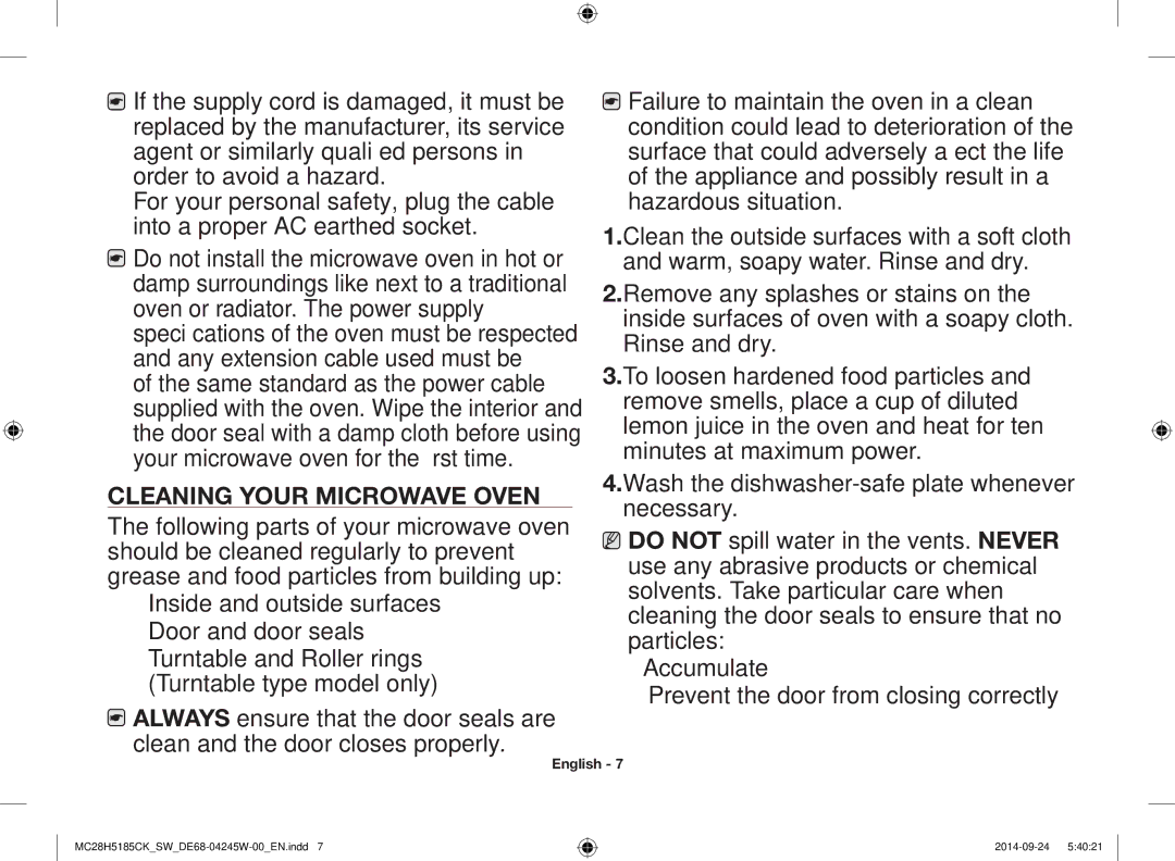 Samsung MC28H5185CK/SW manual Cleaning Your Microwave Oven 