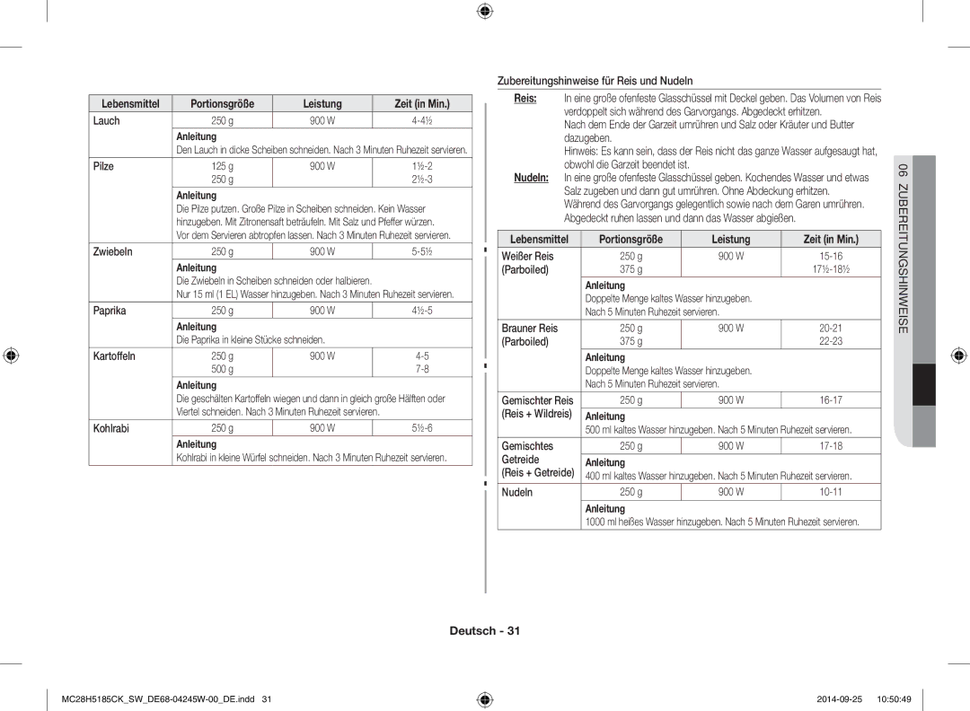 Samsung MC28H5185CK/SW manual 06ZUBEREITUNGSHINWEISE 