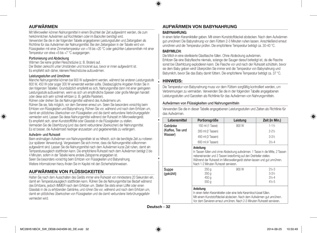 Samsung MC28H5185CK/SW manual Aufwärmen VON Flüssigkeiten, Aufwärmen VON Babynahrung, Hinweis 