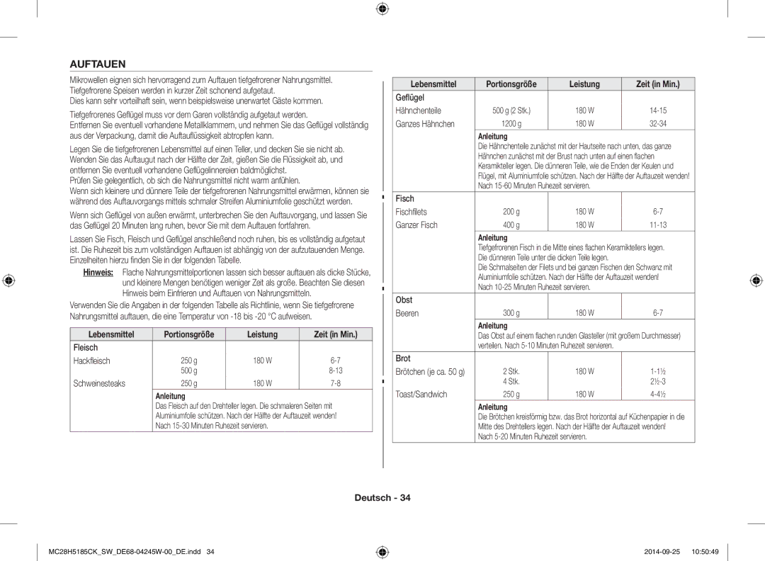 Samsung MC28H5185CK/SW manual Auftauen 