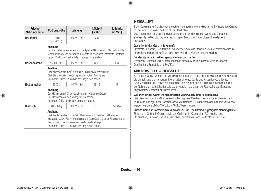 Samsung MC28H5185CK/SW manual Mikrowelle + Heissluft, Backäpfel, Nach dem Grillen 2 bis 3 Minuten lang ruhen lassen 