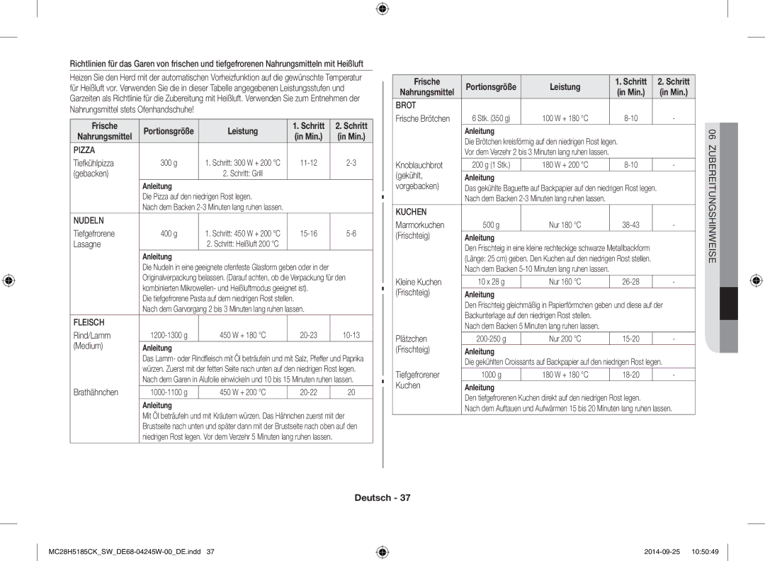 Samsung MC28H5185CK/SW manual Nudeln, Fleisch, Brot, Kuchen 