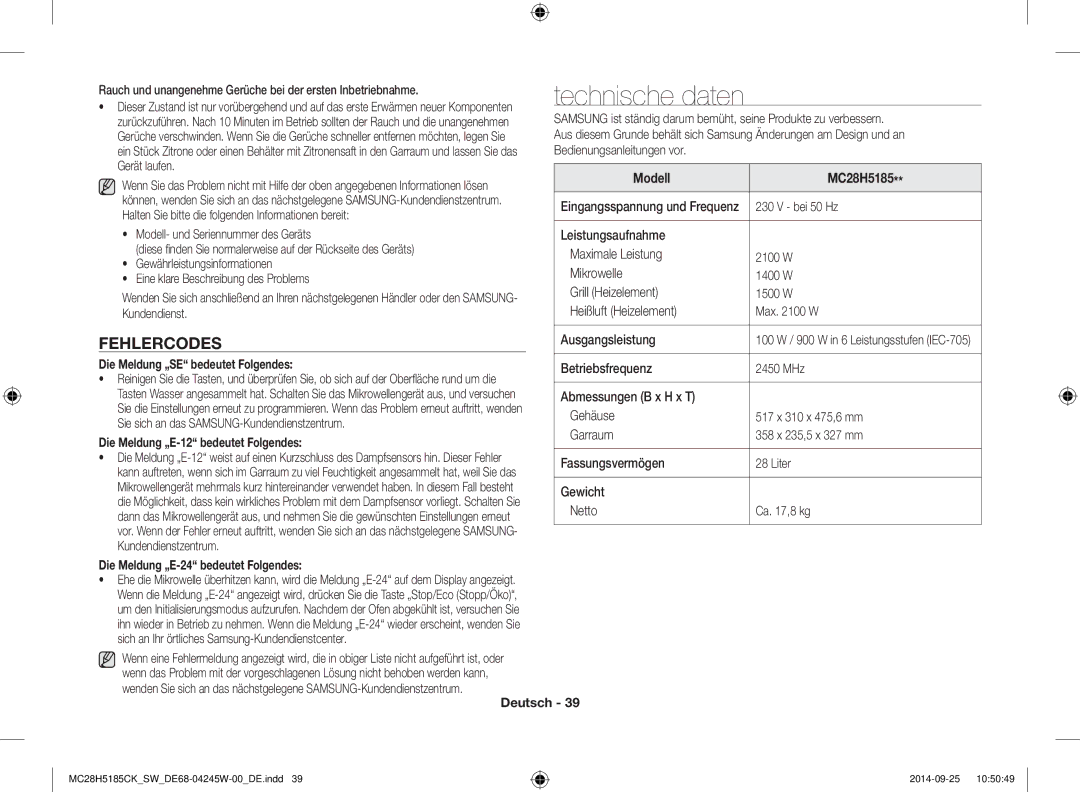 Samsung MC28H5185CK/SW manual Fehlercodes, Modell MC28H5185, Die Meldung „SE bedeutet Folgendes 