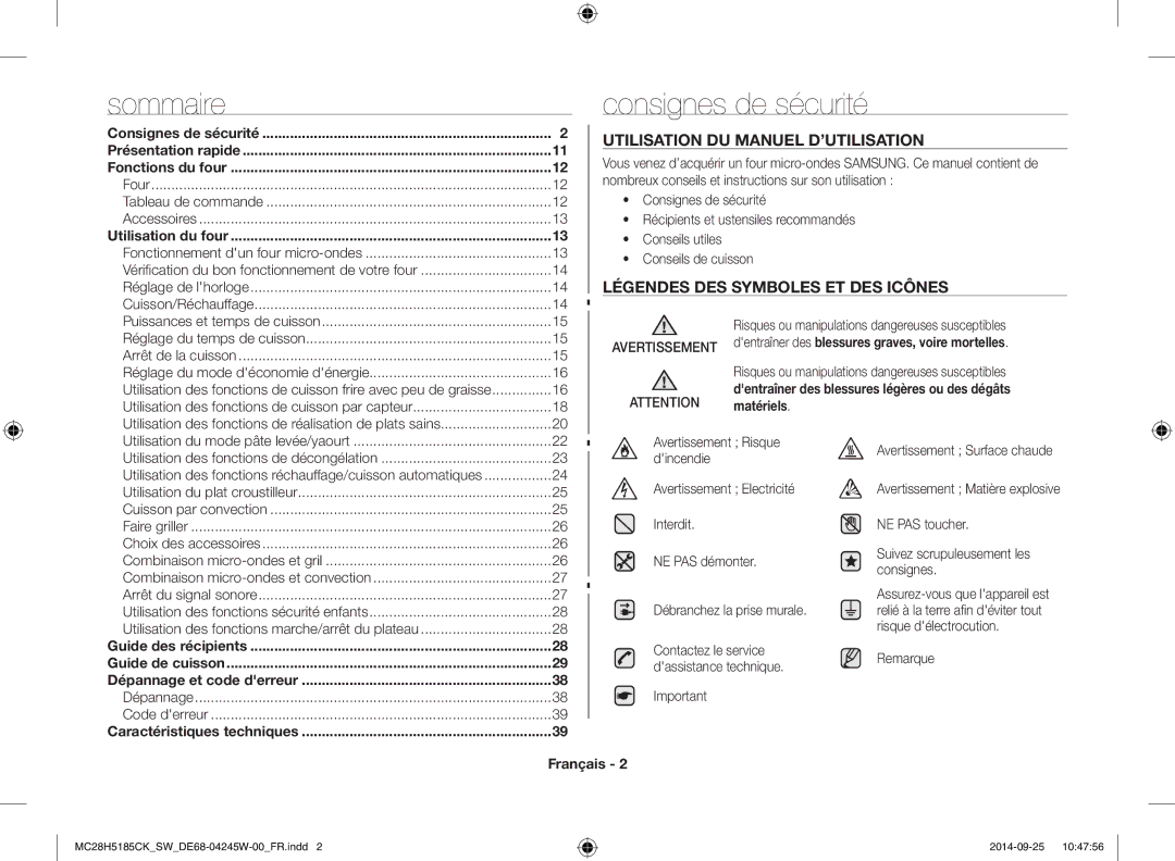 Samsung MC28H5185CK/SW Consignes de sécurité, Utilisation DU Manuel D’UTILISATION, Légendes DES Symboles ET DES Icônes 