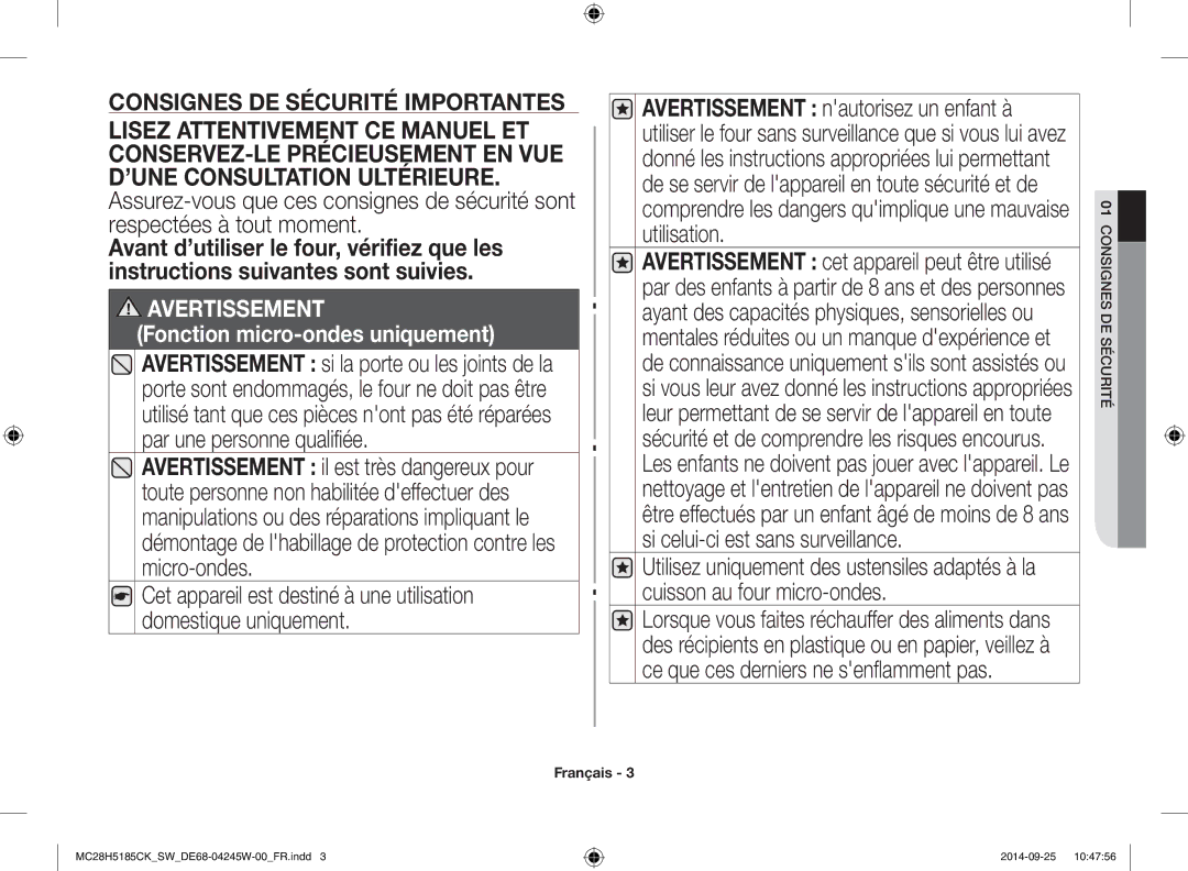 Samsung MC28H5185CK/SW manual Consignes DE Sécurité Importantes, 01CONSIGNES DE Sécurité 