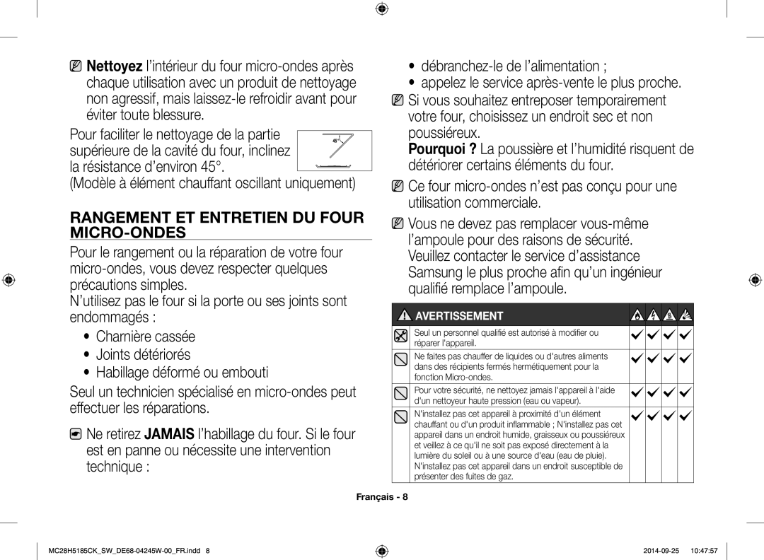 Samsung MC28H5185CK/SW manual Rangement ET Entretien DU Four MICRO-ONDES, Avertissement 