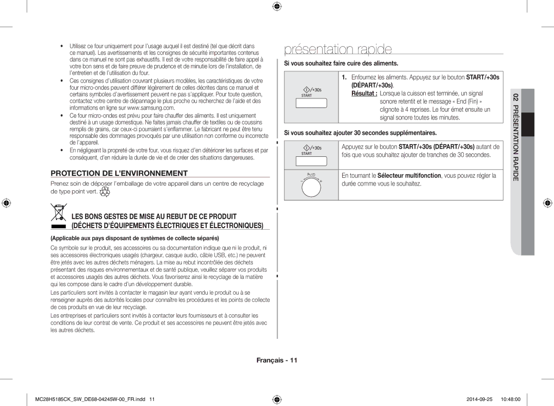 Samsung MC28H5185CK/SW Présentation rapide, Protection DE L’ENVIRONNEMENT, Si vous souhaitez faire cuire des aliments 