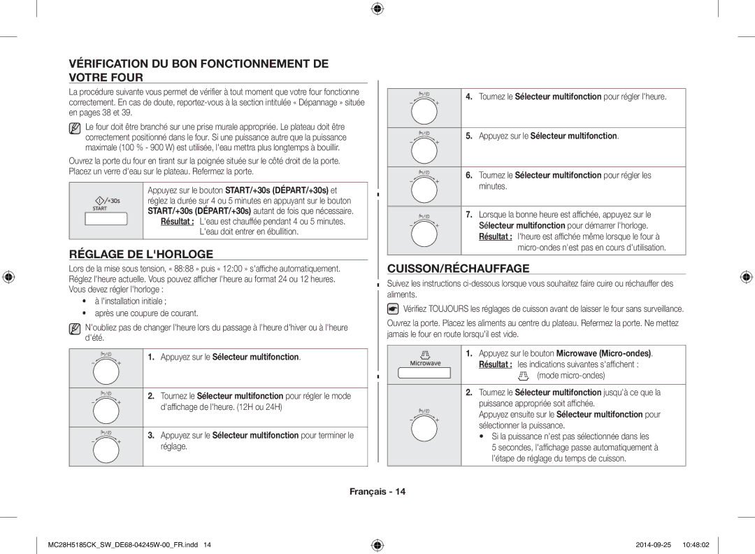 Samsung MC28H5185CK/SW manual Vérification DU BON Fonctionnement DE Votre Four, Réglage DE Lhorloge, Cuisson/Réchauffage 