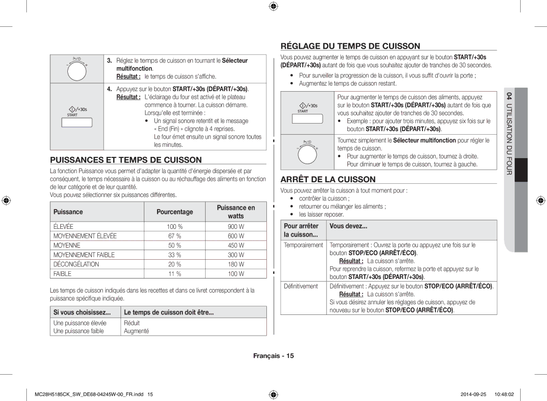 Samsung MC28H5185CK/SW manual Puissances ET Temps DE Cuisson, Réglage DU Temps DE Cuisson, Arrêt DE LA Cuisson 