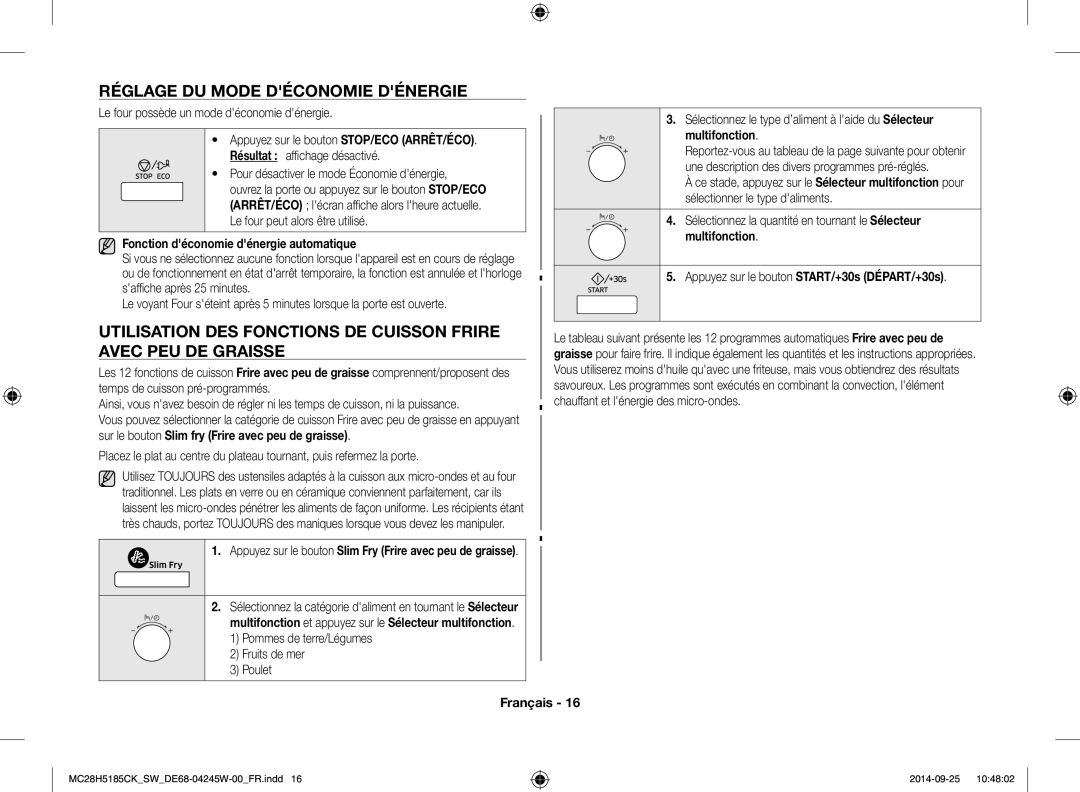 Samsung MC28H5185CK/SW Réglage DU Mode Déconomie Dénergie, Utilisation DES Fonctions DE Cuisson Frire, Avec PEU DE Graisse 