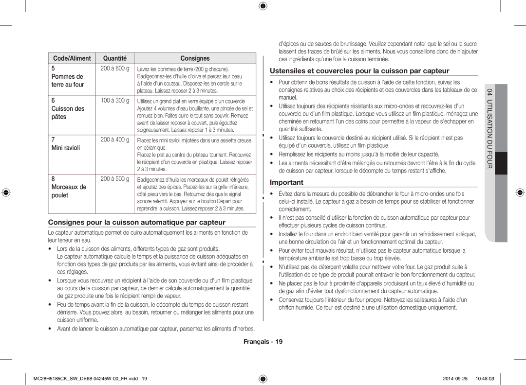 Samsung MC28H5185CK/SW manual Consignes pour la cuisson automatique par capteur 