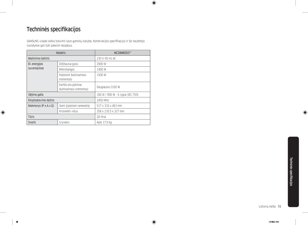 Samsung MC28M6055CK/BA manual Techninės specifikacijos, Išorė įskaitant rankenėlę, Eksploatavimo dažnis, Matmenys P x a x G 