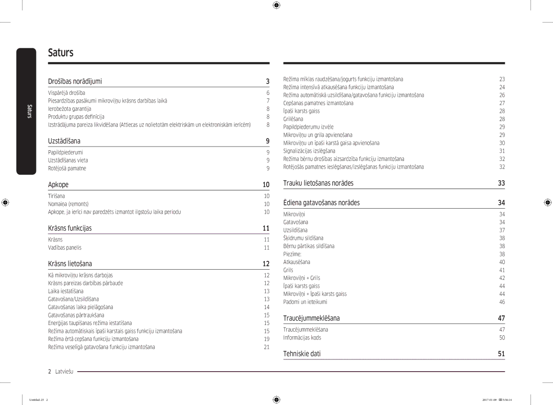 Samsung MC28M6055CK/BA manual Saturs, Papildpiederumi Uzstādīšanas vieta Rotējošā pamatne, Krāsns Vadības panelis 