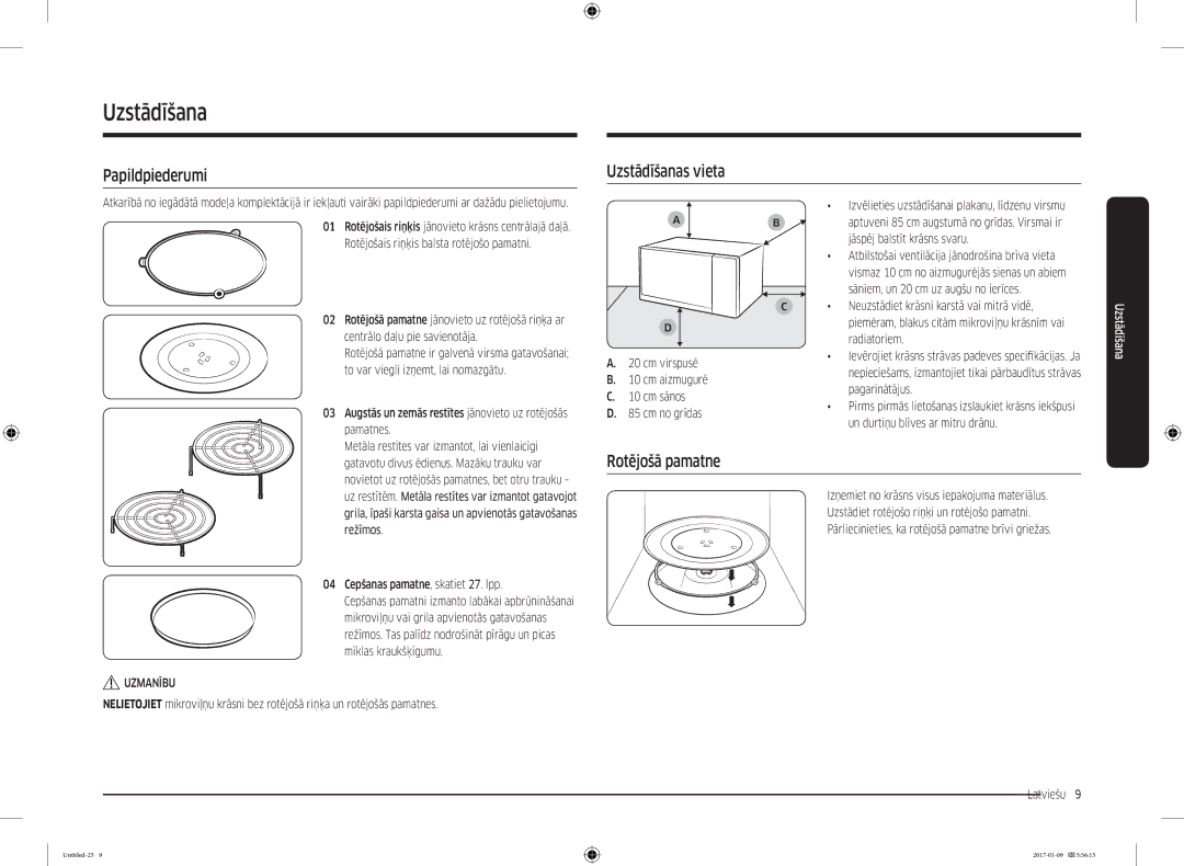 Samsung MC28M6055CK/BA manual Papildpiederumi, Uzstādīšanas vieta, Rotējošā pamatne 