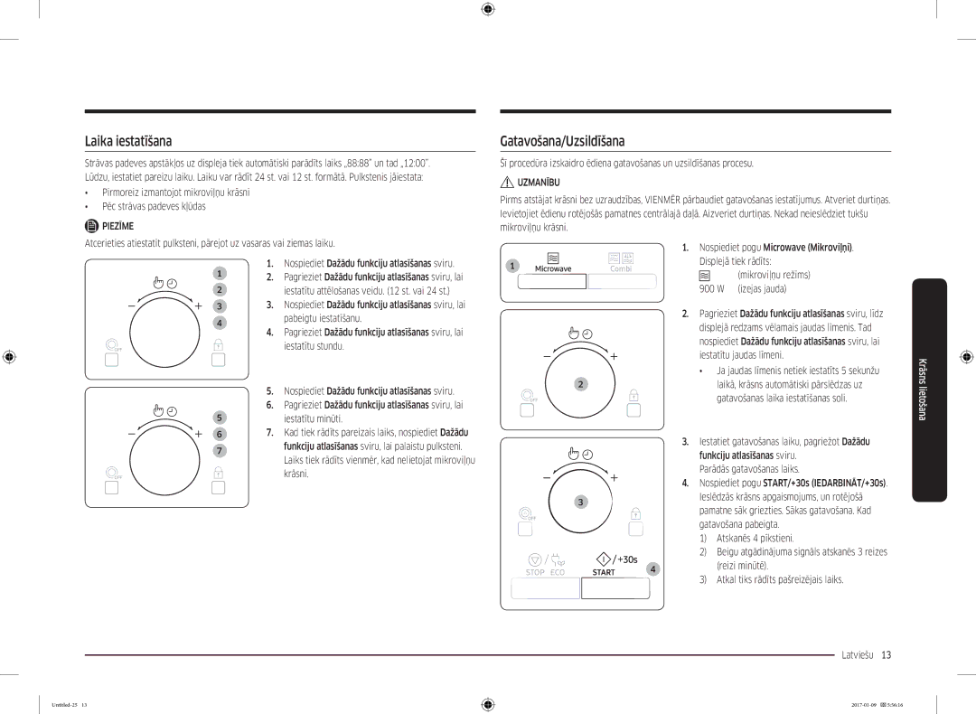 Samsung MC28M6055CK/BA manual Laika iestatīšana, Gatavošana/Uzsildīšana, Nospiediet Dažādu funkciju atlasīšanas sviru, lai 