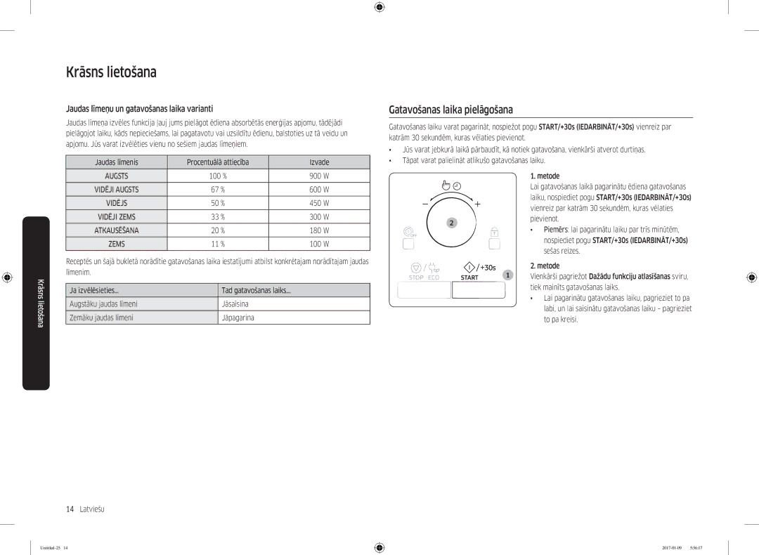 Samsung MC28M6055CK/BA manual Gatavošanas laika pielāgošana, Jaudas līmeņu un gatavošanas laika varianti 