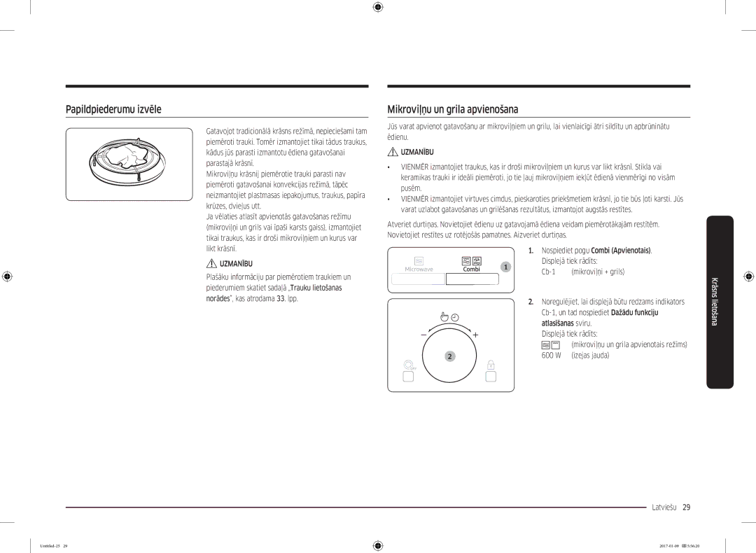 Samsung MC28M6055CK/BA manual Papildpiederumu izvēle, Mikroviļņu un grila apvienošana, W Izejas jauda Latviešu  