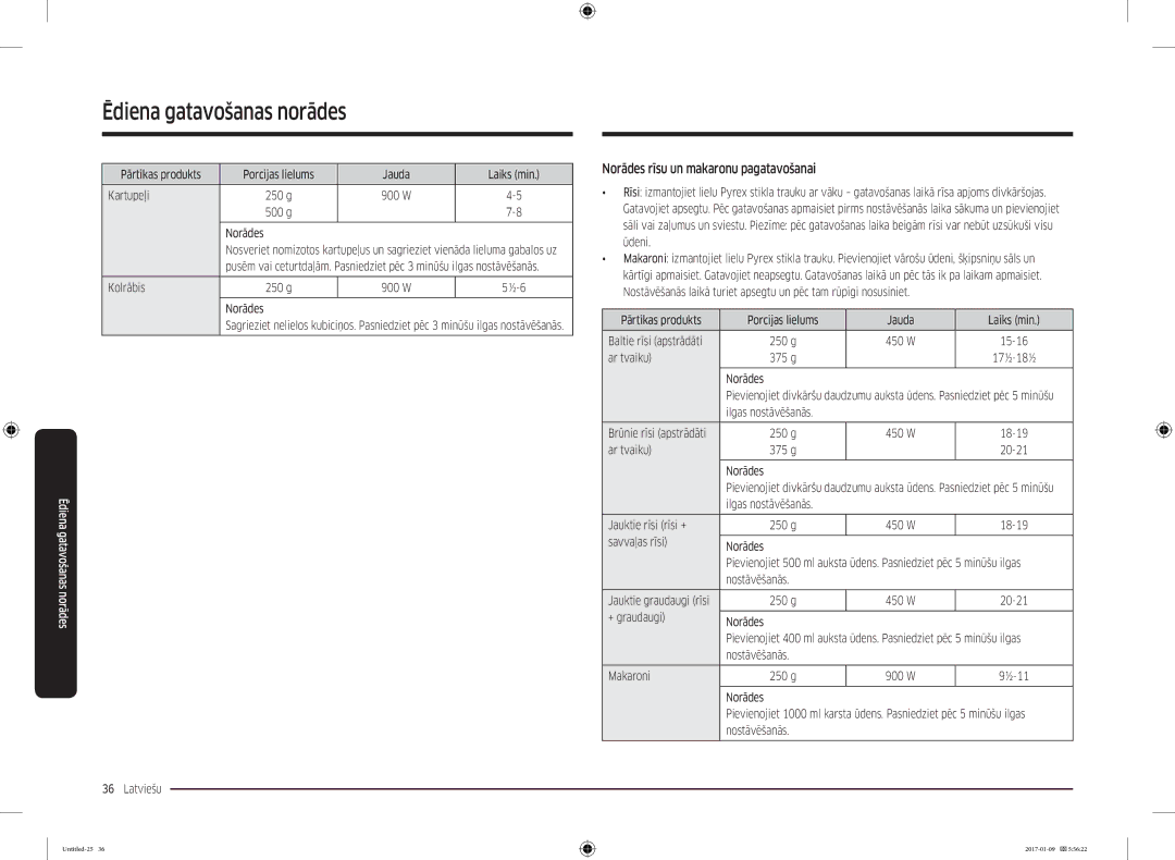 Samsung MC28M6055CK/BA manual Norādes rīsu un makaronu pagatavošanai, Kolrābis 250 g, Ar tvaiku 375 g, Ilgas nostāvēšanās 